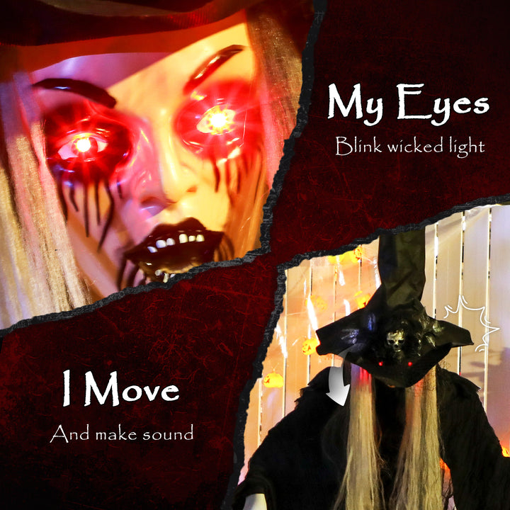 Outsunny Animatronics Standing Witch, Voice-Activated Prop, Sound Activated Moving Head & Flashing Eyes, Easy Setup Indoor, Black