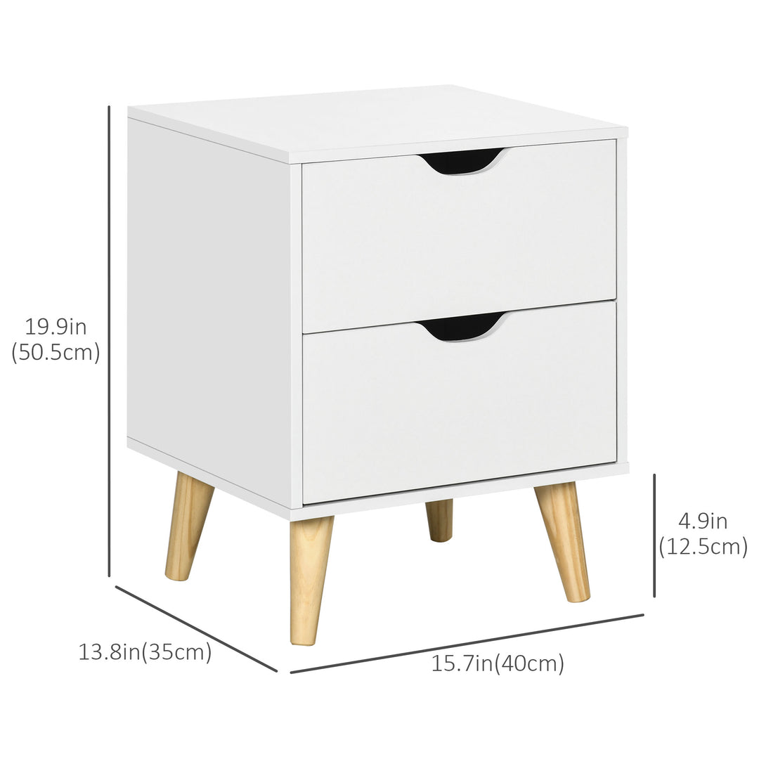 HOMCOM Modern Bedside Table, Nightstand with 2 Drawers and Pine Wood Legs for Bedroom, Living Room, White