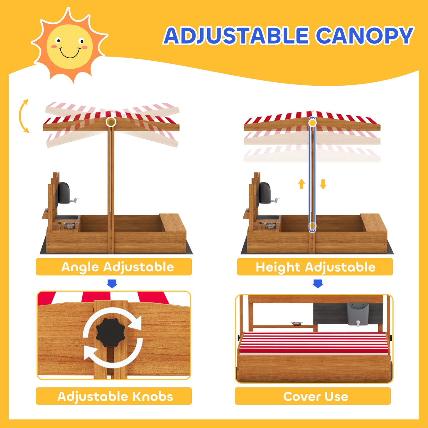 Outsunny Kids Sandbox with Cover Kitchen Playset Toys, Wooden Sand Box with Seat, Storage, for 3-7 Years Old, Grey