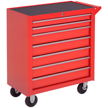 HOMCOM 7 Drawer Roller Tool Chest, Mobile Lockable Toolbox, Storage Organizer with Handle for Workshop Mechanics Garage, Red