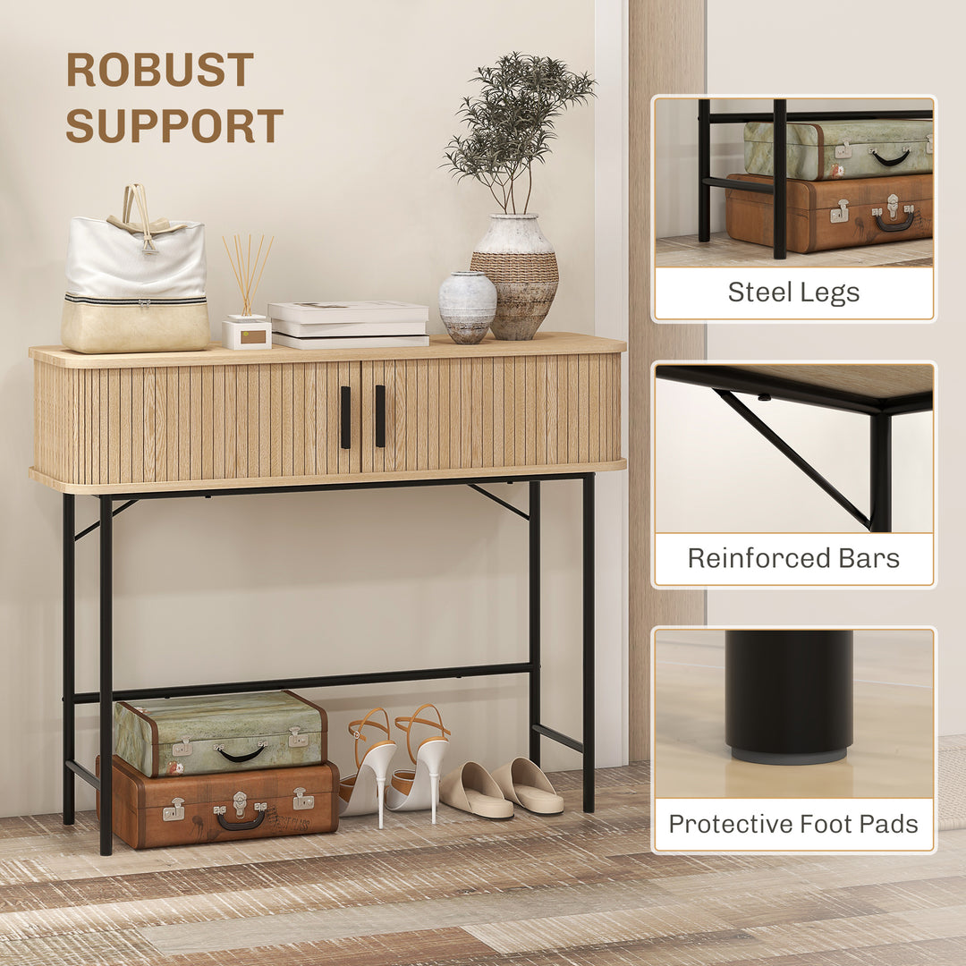 HOMCOM Mid-Century Narrow Console Table with Slatted Tambour Sliding Doors, Entryway Table with Steel Legs, Oak and Black