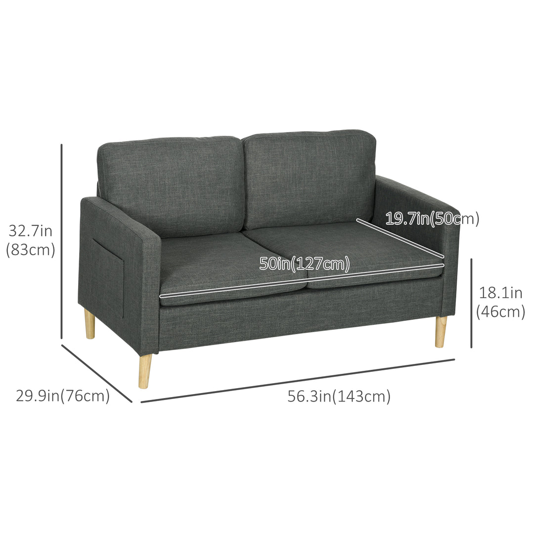 HOMCOM 56" 2 Seat Sofa, Modern Love Seats Furniture, Upholstered 2 Seater Couch with Side Pockets, Solid Steel Frame, White