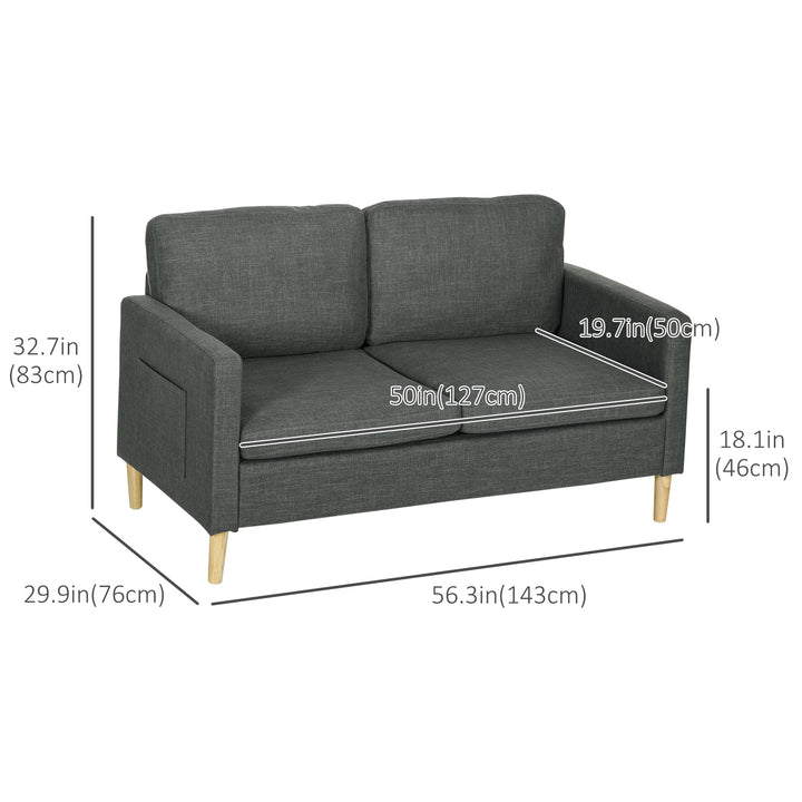 HOMCOM 56" 2 Seat Sofa, Modern Love Seats Furniture, Upholstered 2 Seater Couch with Side Pockets, Solid Steel Frame, White