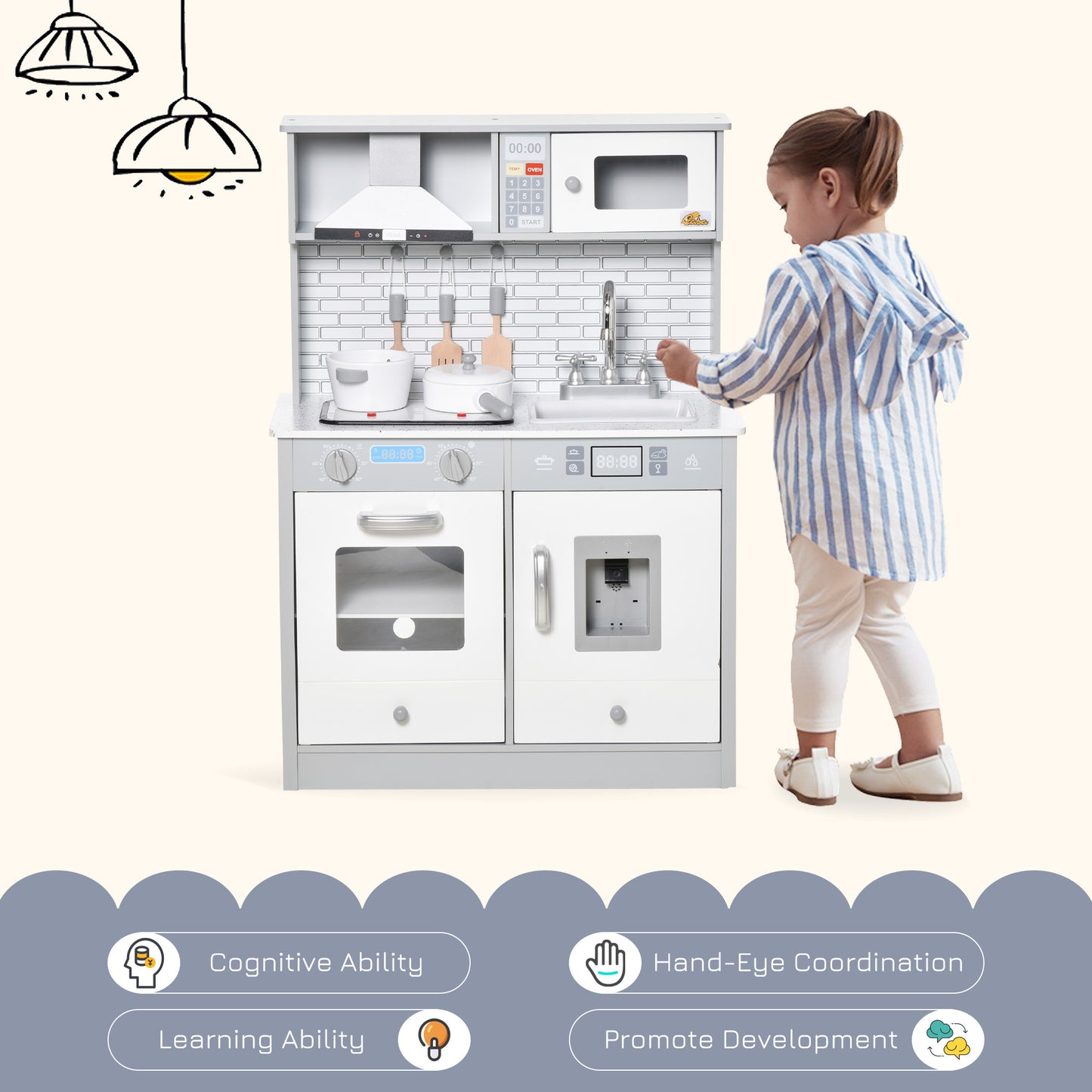 Qaba Kids Kitchen Play Cooking Toy Set, Educational Pretend Role Playset Game with Sound & Light Effect, Battery Operated Cooktop, Ice Machine, Dot Pattern Countertop, for 3-6 Years Old