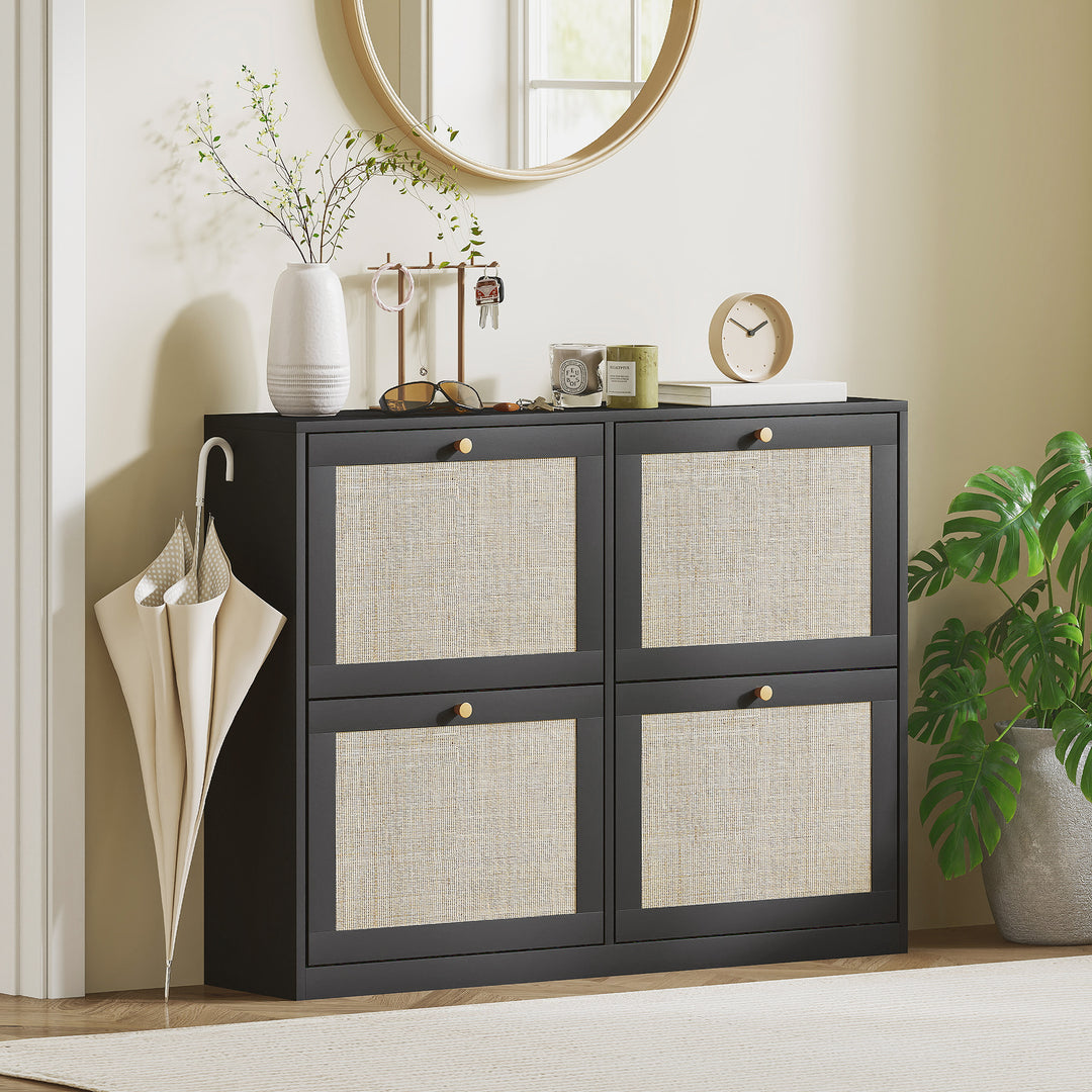 HOMCOM Narrow Shoe Storage Cabinet, Rattan Shoe Cabinet with 4 Flip Drawers and Adjustable Shelves for 20 Pairs, Black