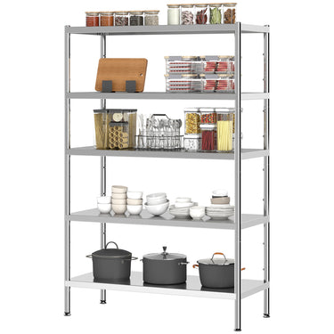 HOMCOM Bakers Rack, 5-Tier Stainless Steel Kitchen Storage Shelf with Adjustable Heights for Spices, Pots and Pans, Silver