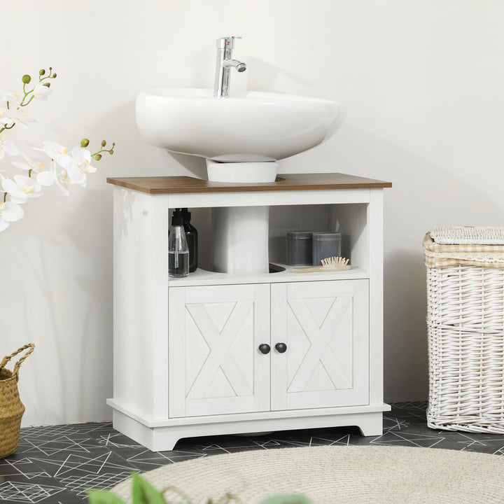kleankin Farmhouse Bathroom Sink Cabinet, Pedestal Sink Storage Cabinet with Double Doors and Shelves, White