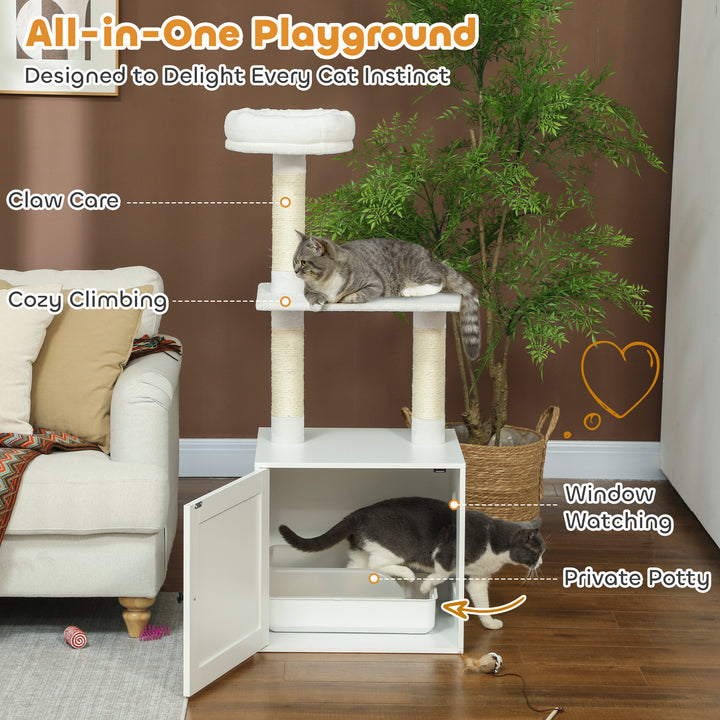 PawHut Cat Tree with Litter Box Enclosure, Sisal Covered Scratching Posts, Large Platform, Bed for Indoor Cats, White
