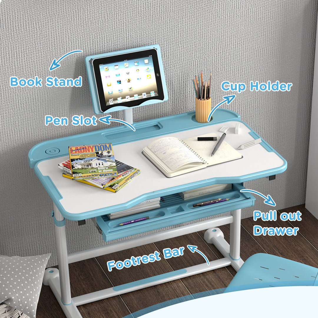 Qaba Height Adjustable Kids Desk and Chair Set with Tilt Desktop, Large Writing Board, Storage Drawer, Book Stand, Blue