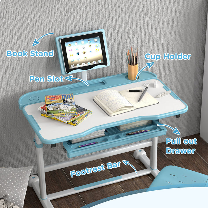 Qaba Height Adjustable Kids Desk and Chair Set with Tilt Desktop, Large Writing Board, Storage Drawer, Book Stand, Blue