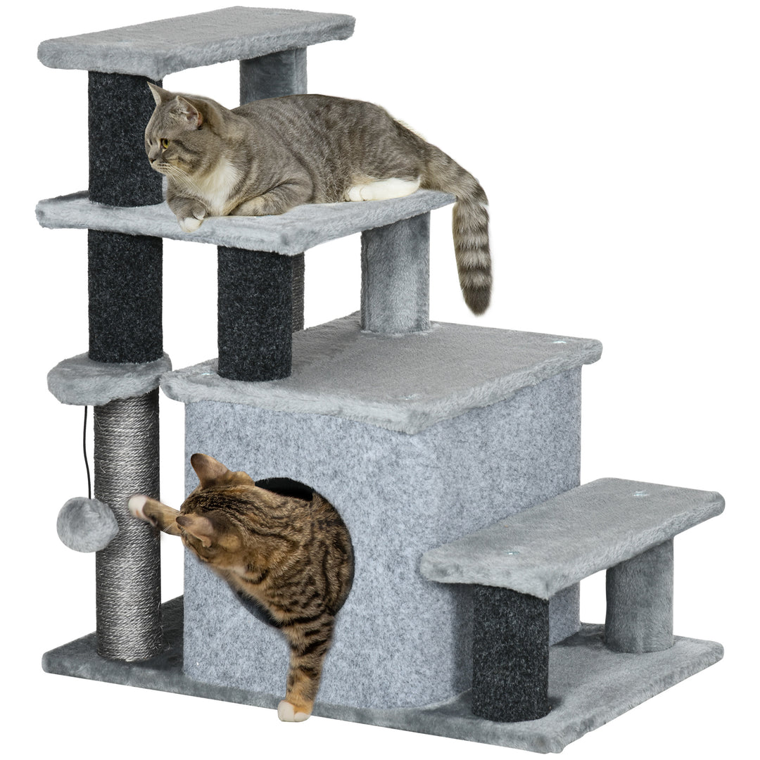 PawHut Cat Stairs Pet Steps for Couch Bed with Scratching Posts Condo Ball Toy, 23.6" x 15.7" x 26", Grey