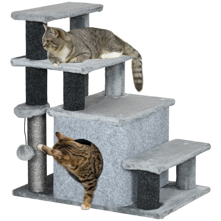 PawHut Cat Stairs Pet Steps for Couch Bed with Scratching Posts Condo Ball Toy, 23.6" x 15.7" x 26", Grey