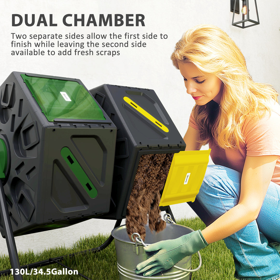 Outsunny Rotating Composter, Dual Chamber Compost Bin with 24 Vents and Steel Legs, 34.5 Gallon, Yellow and Green
