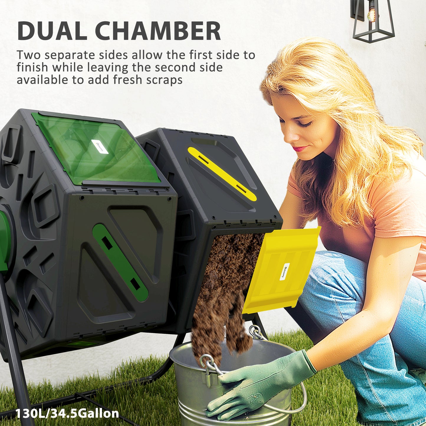Outsunny Rotating Composter, Dual Chamber Compost Bin with 24 Vents and Steel Legs, 34.5 Gallon, Brown