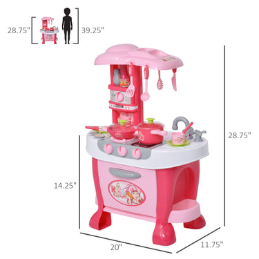 Qaba Kids Kitchen Set Kitchen Playset Pretend Toy Children Role Play Game Toy with Light & Sound Function  38Pcs Toy Accessories - Pink