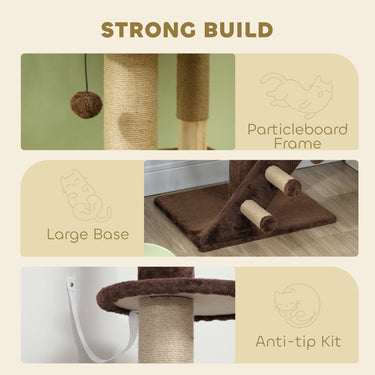 PawHut 89"-100" Floor to Ceiling Cat Tree with Scratching Post, Cat House, 3-Steps, Hanging Ball, Perches, Anti-tip Kit, Brown