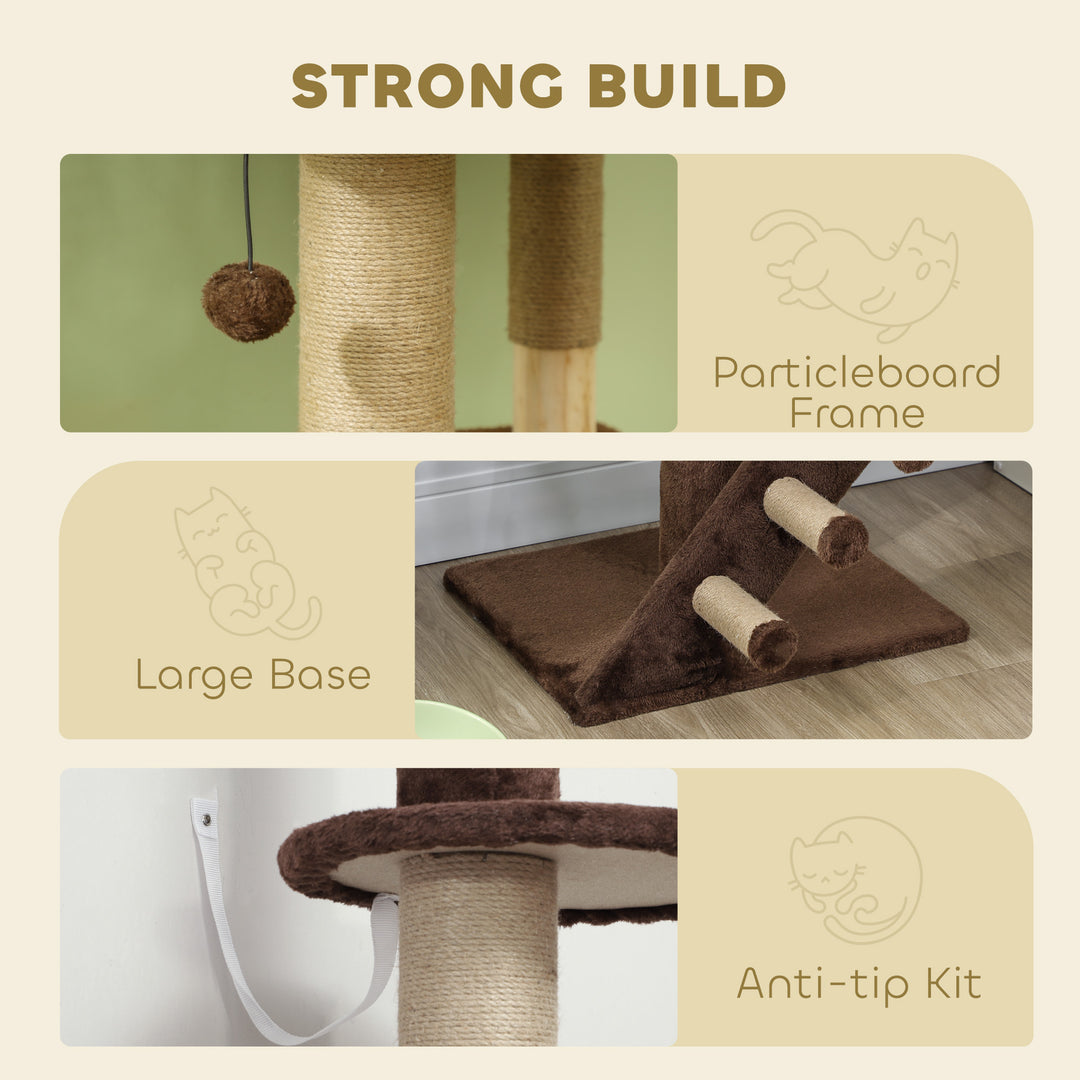 PawHut 89"-100" Floor to Ceiling Cat Tree with Scratching Post, Cat House, 3-Steps, Hanging Ball, Perches, Anti-tip Kit, Brown