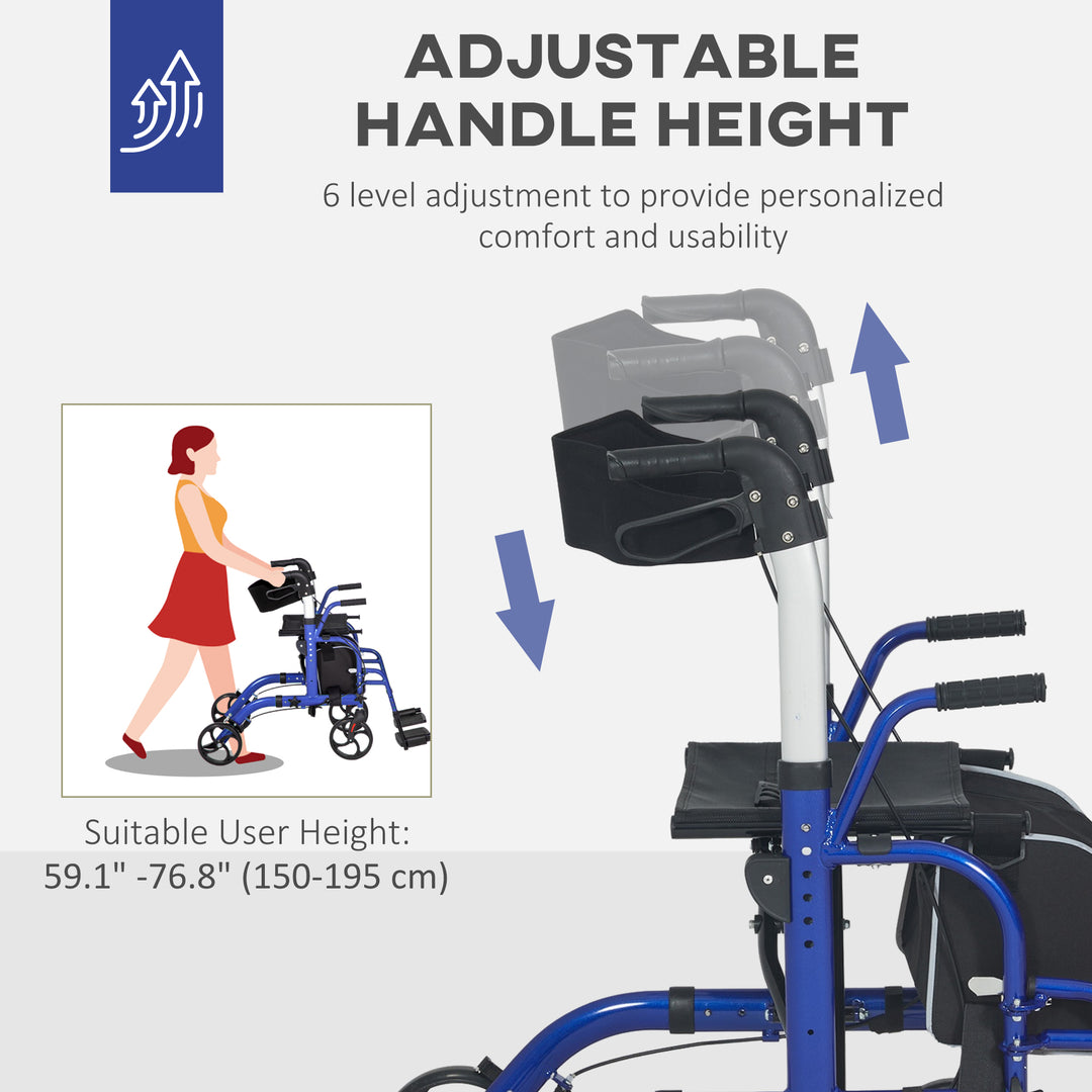 HOMCOM Rollator Walker with Seat, Folding Rolling Walker with 8" Wheels, Walker for Seniors with Adjustable Height, Blue