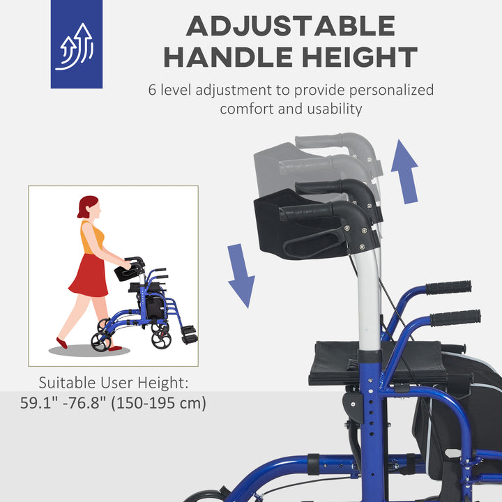 HOMCOM Rollator Walker with Seat, Folding Rolling Walker with 8" Wheels, Walker for Seniors with Adjustable Height, Blue