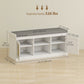 HOMCOM Shoe Bench with Padded Cushion, Boho Entryway Bench with Rattan Doors and Adjustable Shelves, Holds 9 Pairs, White