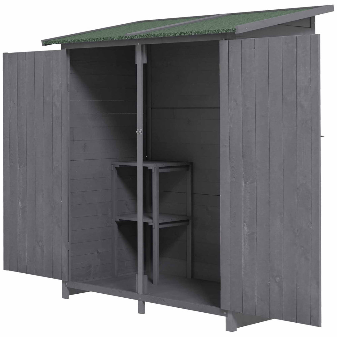 Outsunny Garden Storage Shed Asphalt Roof Wooden Timber Double Door Utility Storage House with Shelf, Green and Grey
