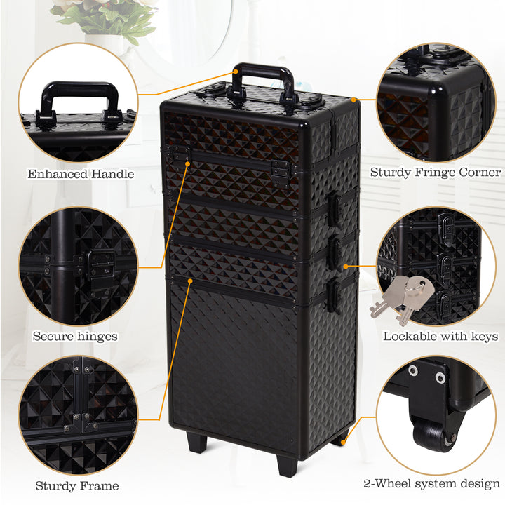 HOMCOM 4 in 1 Portable Aluminum Makeup Case Train Cases, Rolling Makeup Case with 2 Wheels, Multiple Compartments and Lift Handle