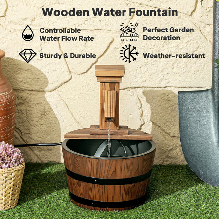 Outsunny Outdoor Waterfall Fountain, Garden Wood Barrel, Carbonized