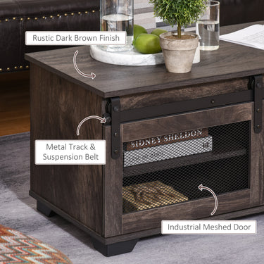 HOMCOM Farmhouse Coffee Table with Sliding Mesh Barn Door, Industrial Center Table with Adjustable Shelf for Living Room, Dark Brown