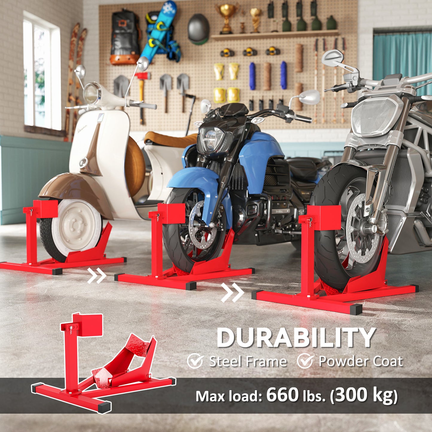 Soozier Motorcycle Wheel Chock, 660 lbs Capacity Heavy Duty Steel Motorcycle Front Wheel Stand for 14"-21" Wheels, Red