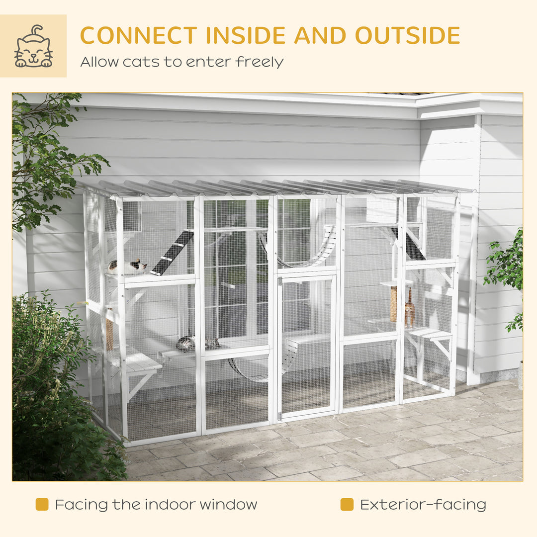 PawHut Large Outdoor Catio with Condos, Platforms, Doors, Ladders, Weather-Resistant Roof, Orange