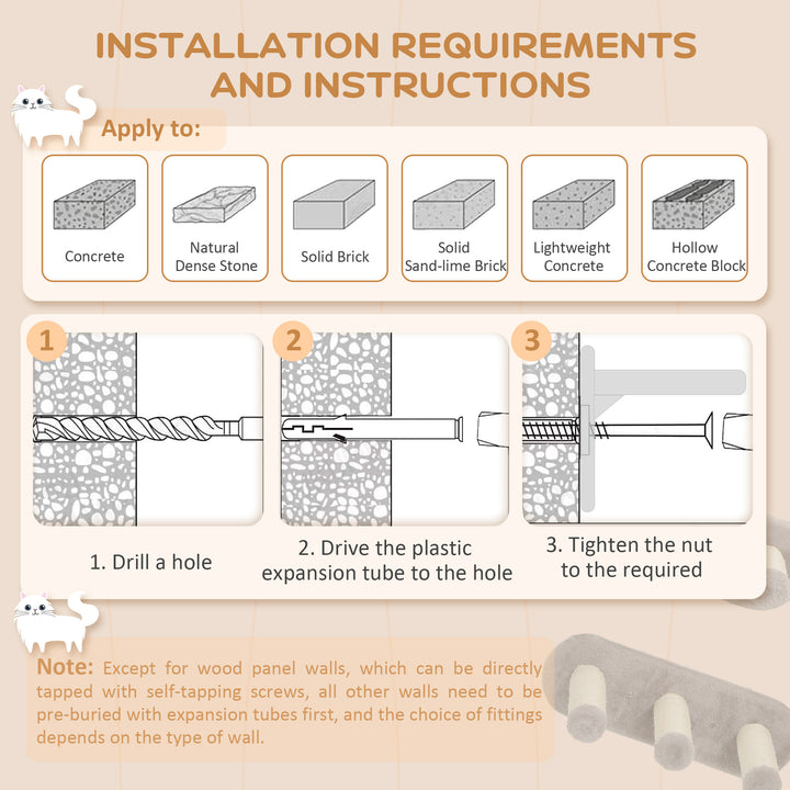 PawHut 3PCs Cat Wall Shelves w/ Scratching Post, Perches, Steps, Ladder, Light Grey