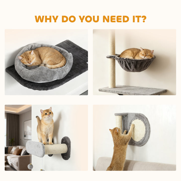 PawHut 4Pcs Cat Wall Shelves with Scratching Post & Pad, Condo, Hammock, Bed, Step, Hanging Pompoms, Perches