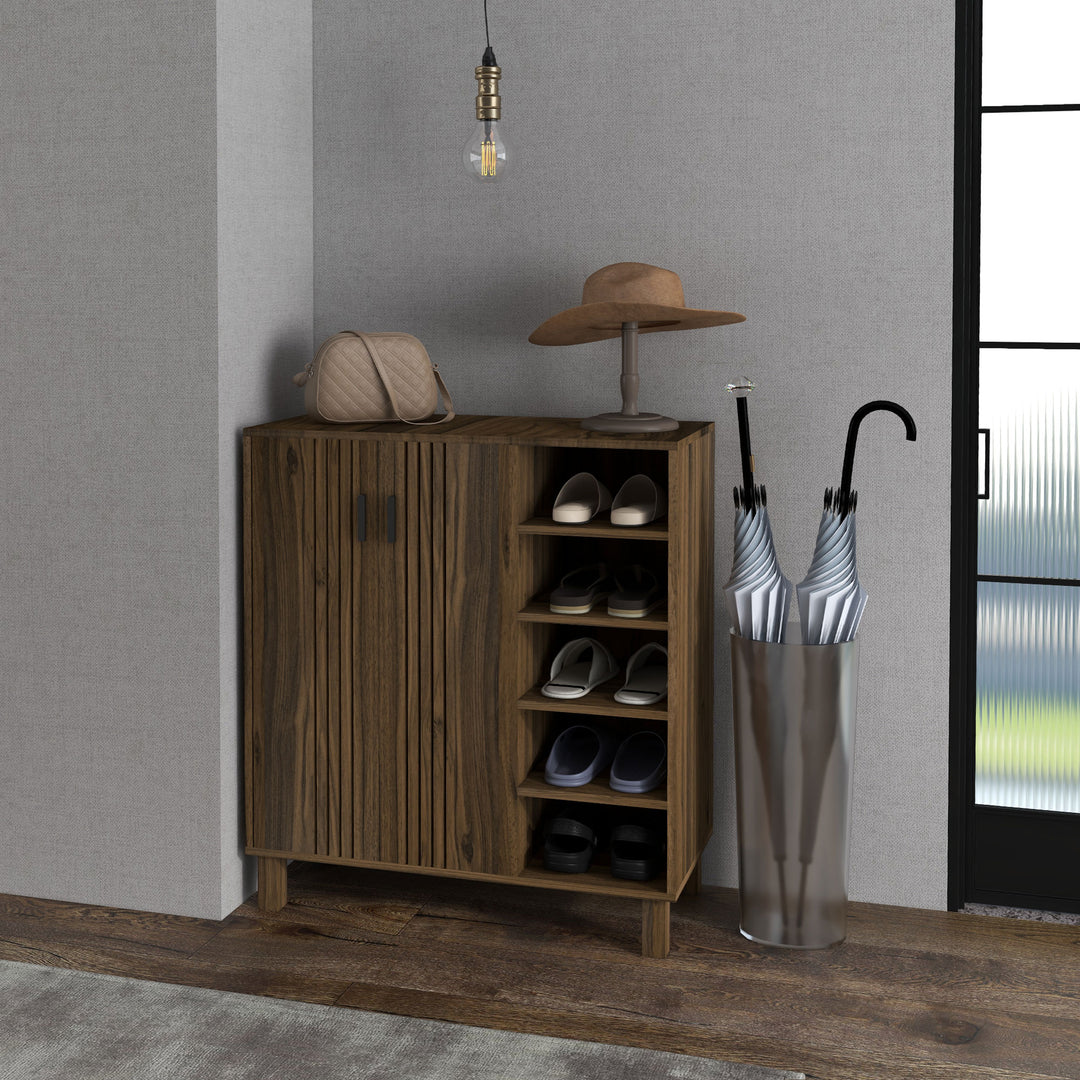 HOMCOM Shoe Storage with Double Doors and Open Shelves 17 Pair Shoe Storage Organizer for Entryway Hallway Walnut
