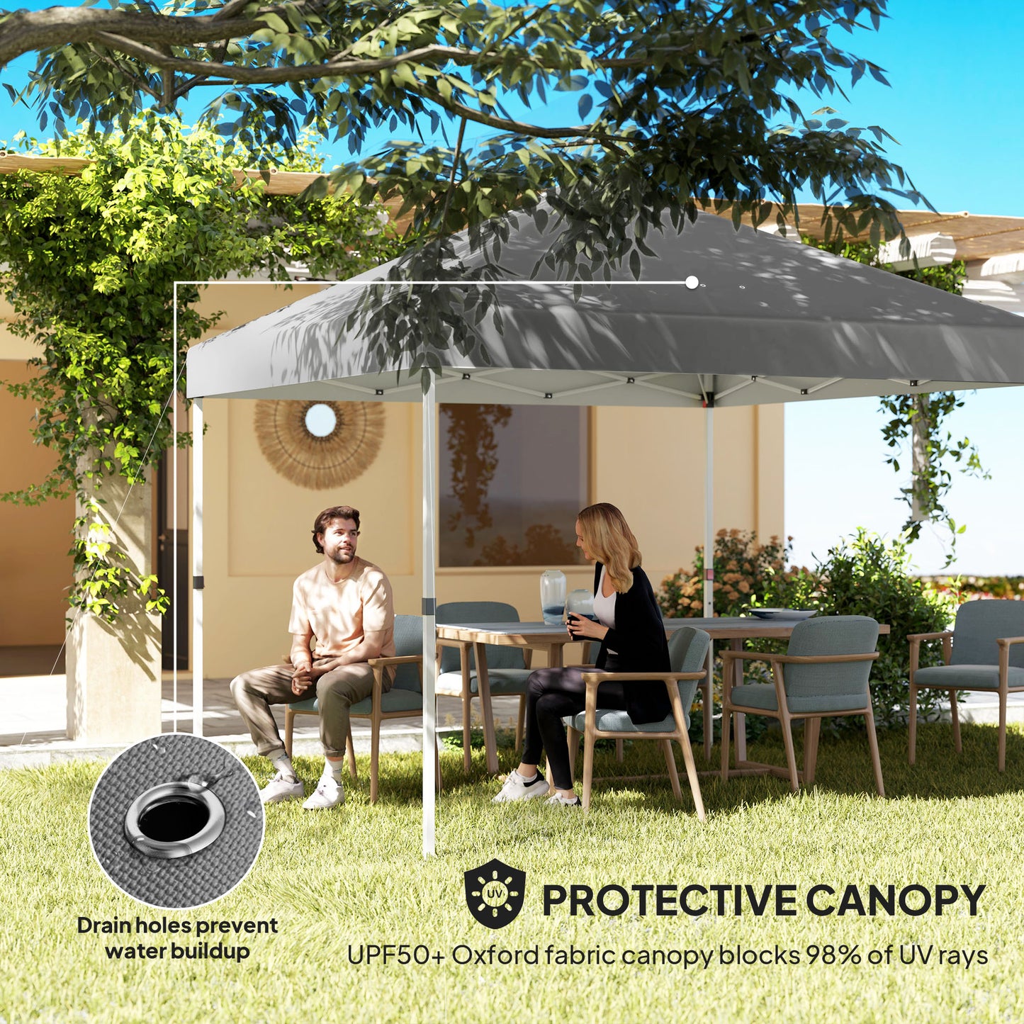 Outsunny 10' x 10' Pop Up Canopy Tent with 2 Half Sidewalls, UV50+ Height Adjustable Instant Sun Shelter, White