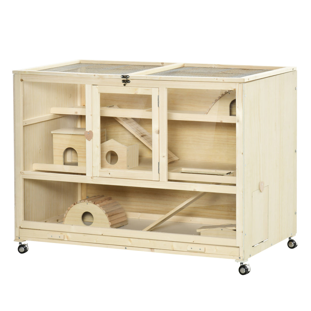 PawHut Wooden Hamster Cage, 3 Tier Rat Cage with Openable Roof, Run, Ladders, Run, Ladders, Wheels, Tray, Natural Wood