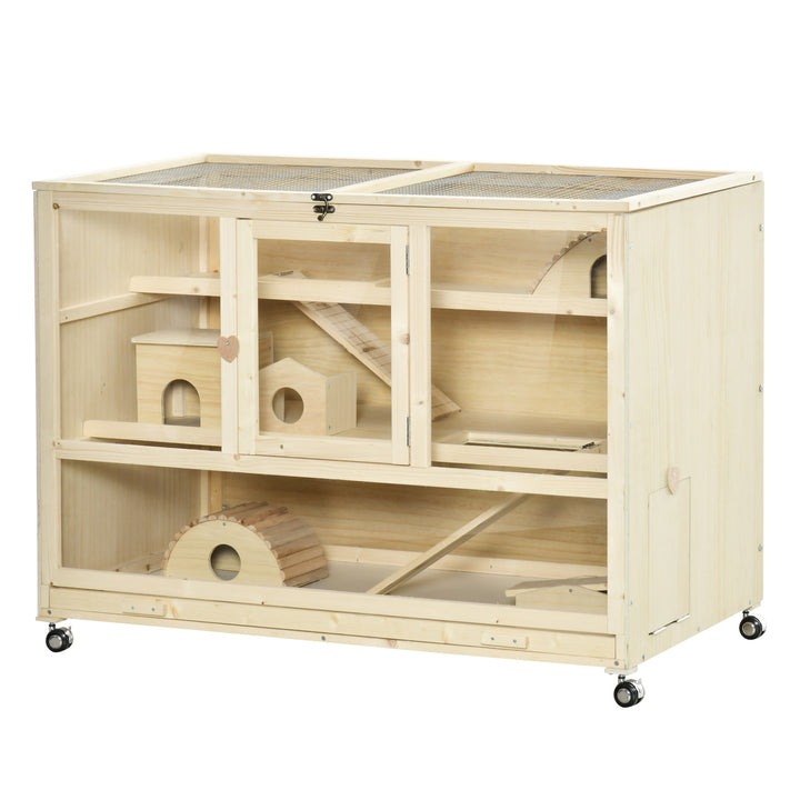 PawHut Wooden Hamster Cage, 3 Tier Rat Cage with Openable Roof, Run, Ladders, Run, Ladders, Wheels, Tray, Natural Wood
