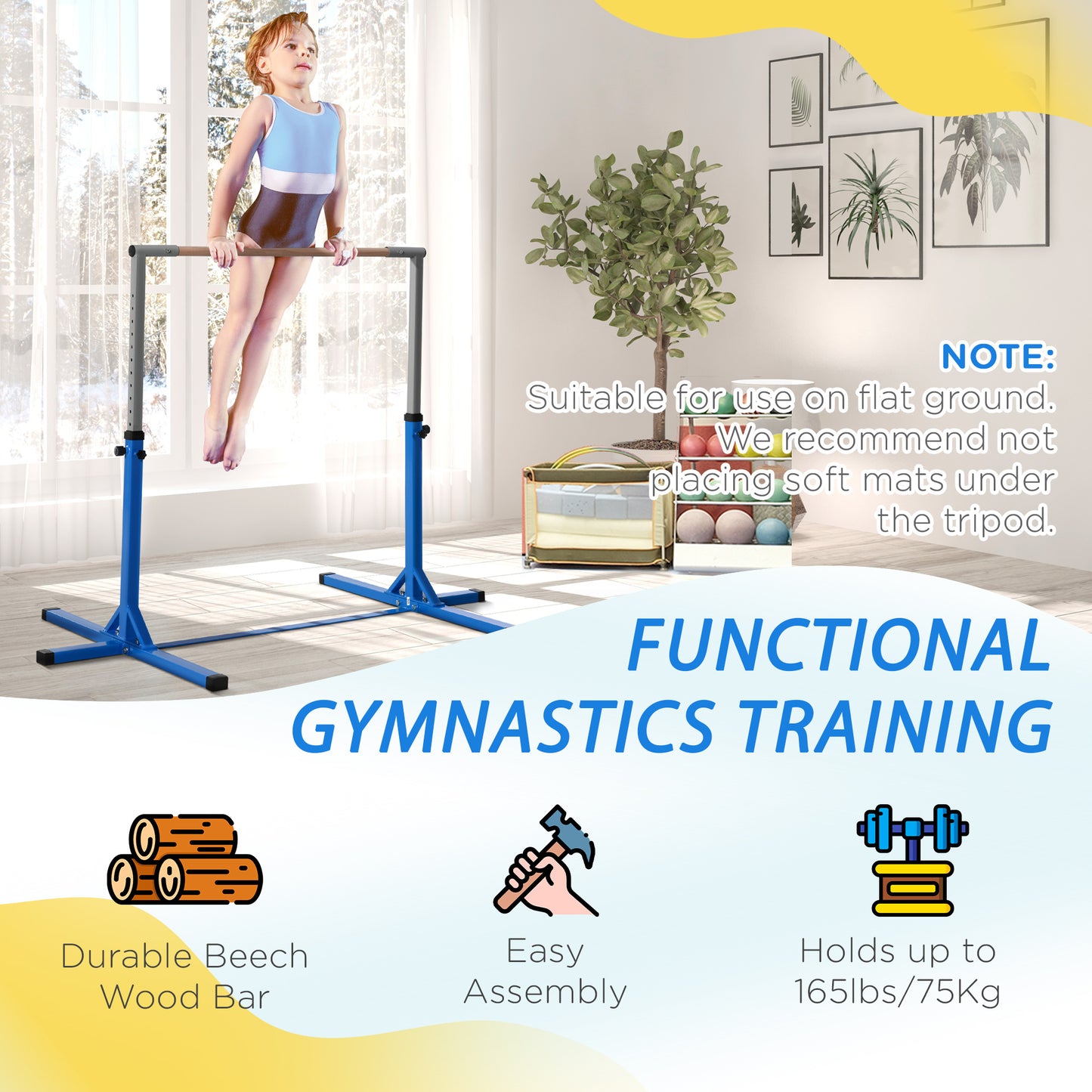 Soozier Professional Gymnastics Bar for Kids, Toddler Home Gymnastics Equipment with 13-level Adjustable Height, Blue