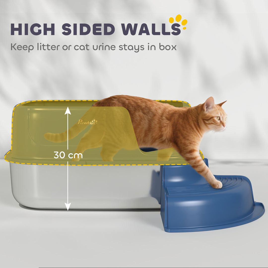 PawHut Stainless Steel Cat Litter Box, Cat Litter Box with High Side and Scoop, Anti-Leakage, Easy to Clean, Navy Blue