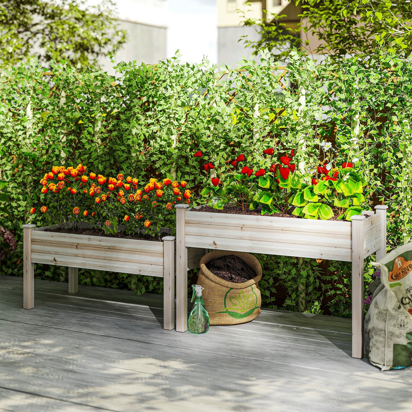 Outsunny 2 Tiers Wood Plant Raised Bed Flower Vegetable Herb Grow Box Stand Garden  Step Planter Stand Free Combination Natural