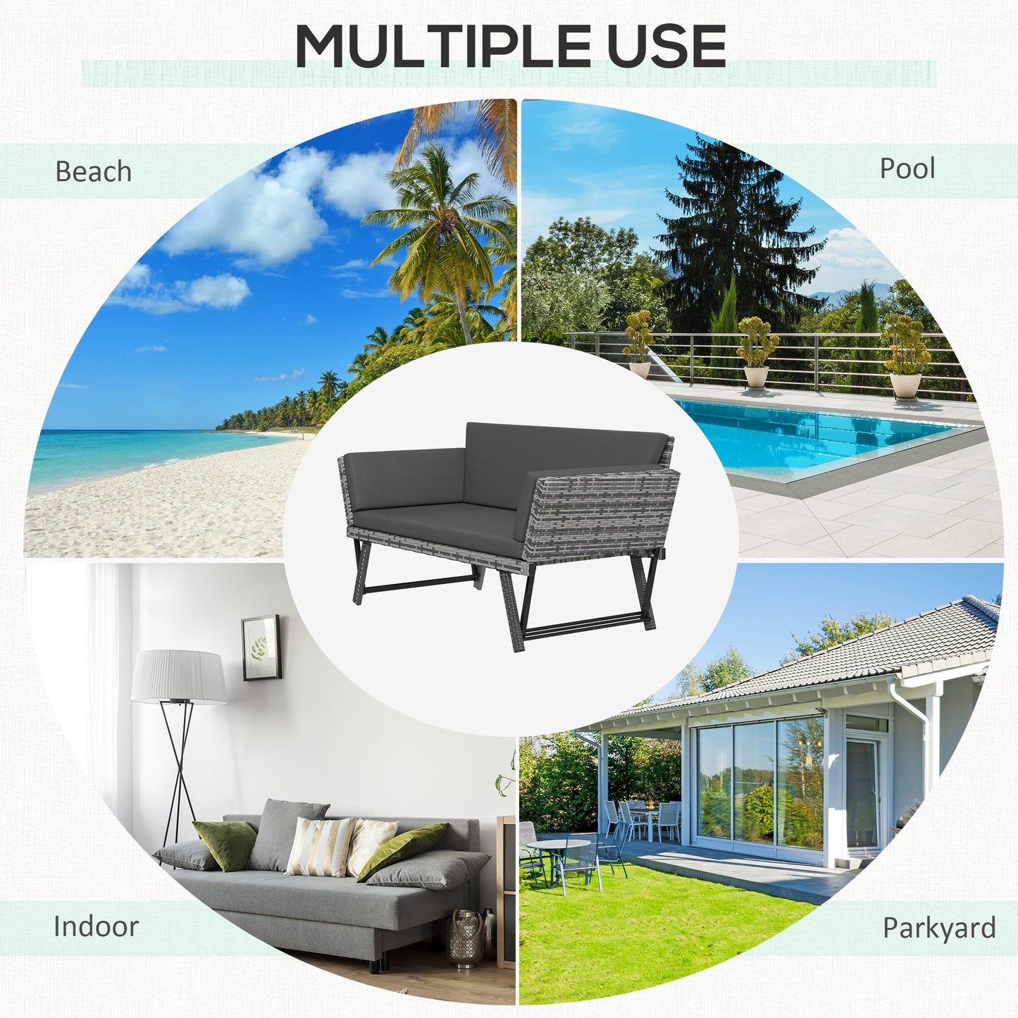 Outsunny Convertible Wicker Loveseat Grey Patio Chaise Lounge