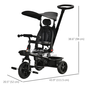 Qaba Kids Tricycle 4 In 1 Trike with Reversible Angle Adjustable Seat Removable Handle Canopy Handrail Belt Storage Footrest Brake Clutch for 1-5 Years Old Black