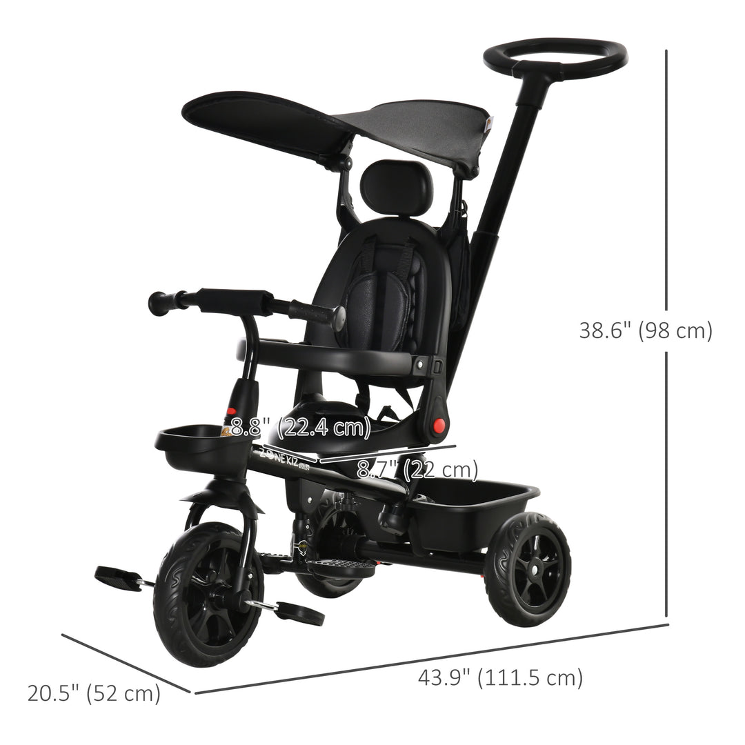 Qaba Kids Tricycle 4 In 1 Trike with Reversible Angle Adjustable Seat Removable Handle Canopy Handrail Belt Storage Footrest Brake Clutch for 1-5 Years Old Black