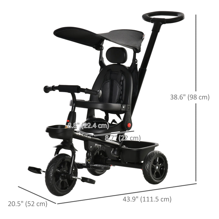 Qaba Kids Tricycle 4 In 1 Trike with Reversible Angle Adjustable Seat Removable Handle Canopy Handrail Belt Storage Footrest Brake Clutch for 1-5 Years Old Black