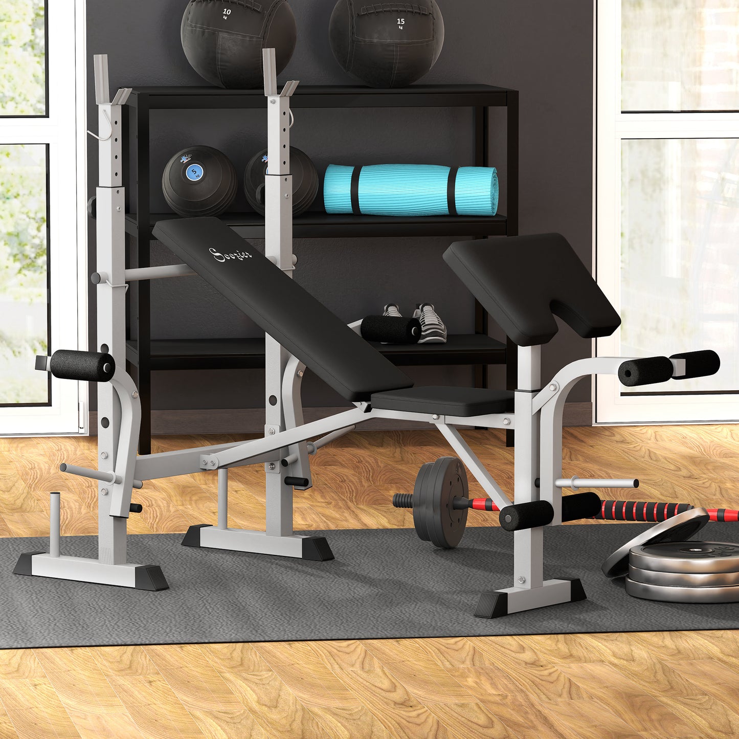 Soozier Bench Press Set Adjustable Weight Bench with Squat Rack, Preacher Curl Pad, Leg Developer and Weight Storage, White