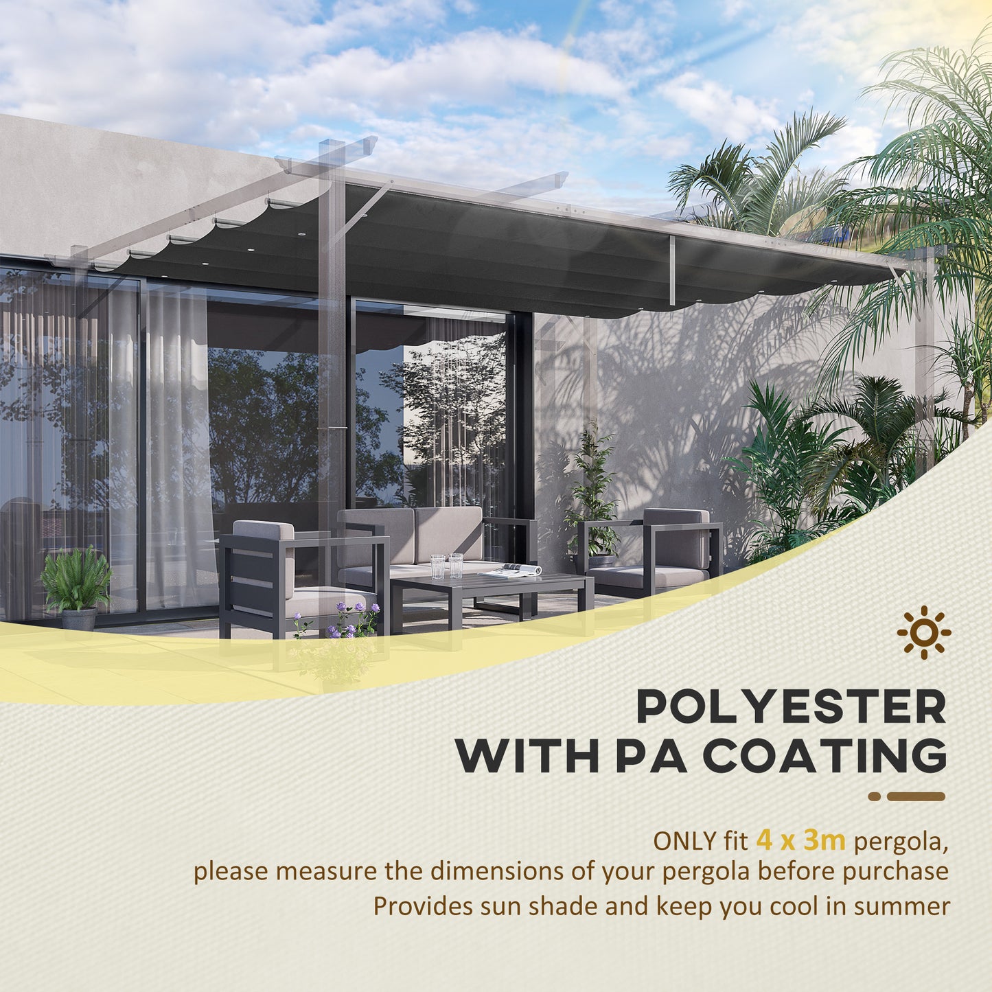 Outsunny Retractable Pergola Canopy Cover Replacement for 10' x 13' Pergola, Dark Grey