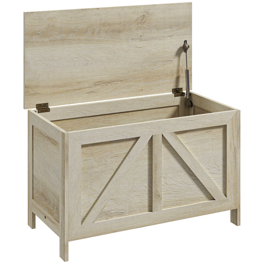 HOMCOM Storage Trunk Box Organizer with Farmhouse Panel Safety Hinge to Open Up 100Â° Natural