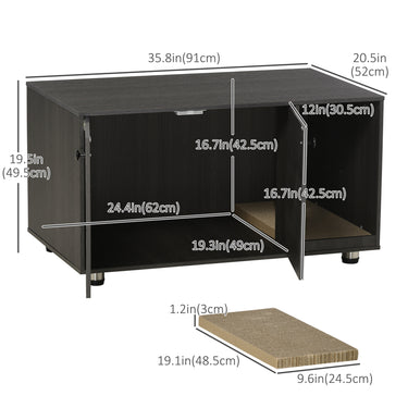 PawHut Litter Box Furniture Hidden Cat Washroom Furniture with Double Doors and Scratching Pad, Black