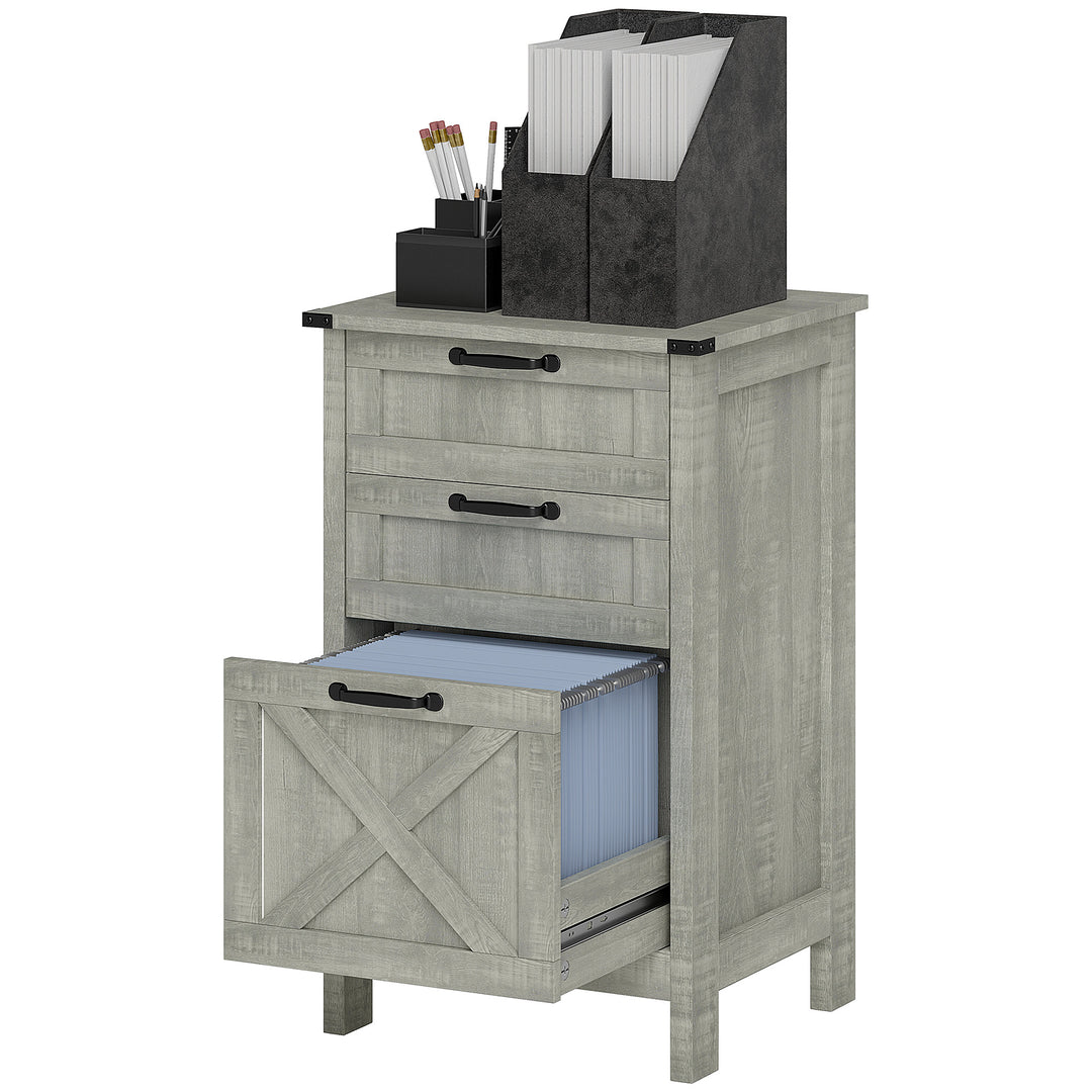 HOMCOM Vertical Filing Cabinet with 3 Drawers, Rustic Farmhouse Office Storage Cabinet for A4, Letter Size, Stone Grey