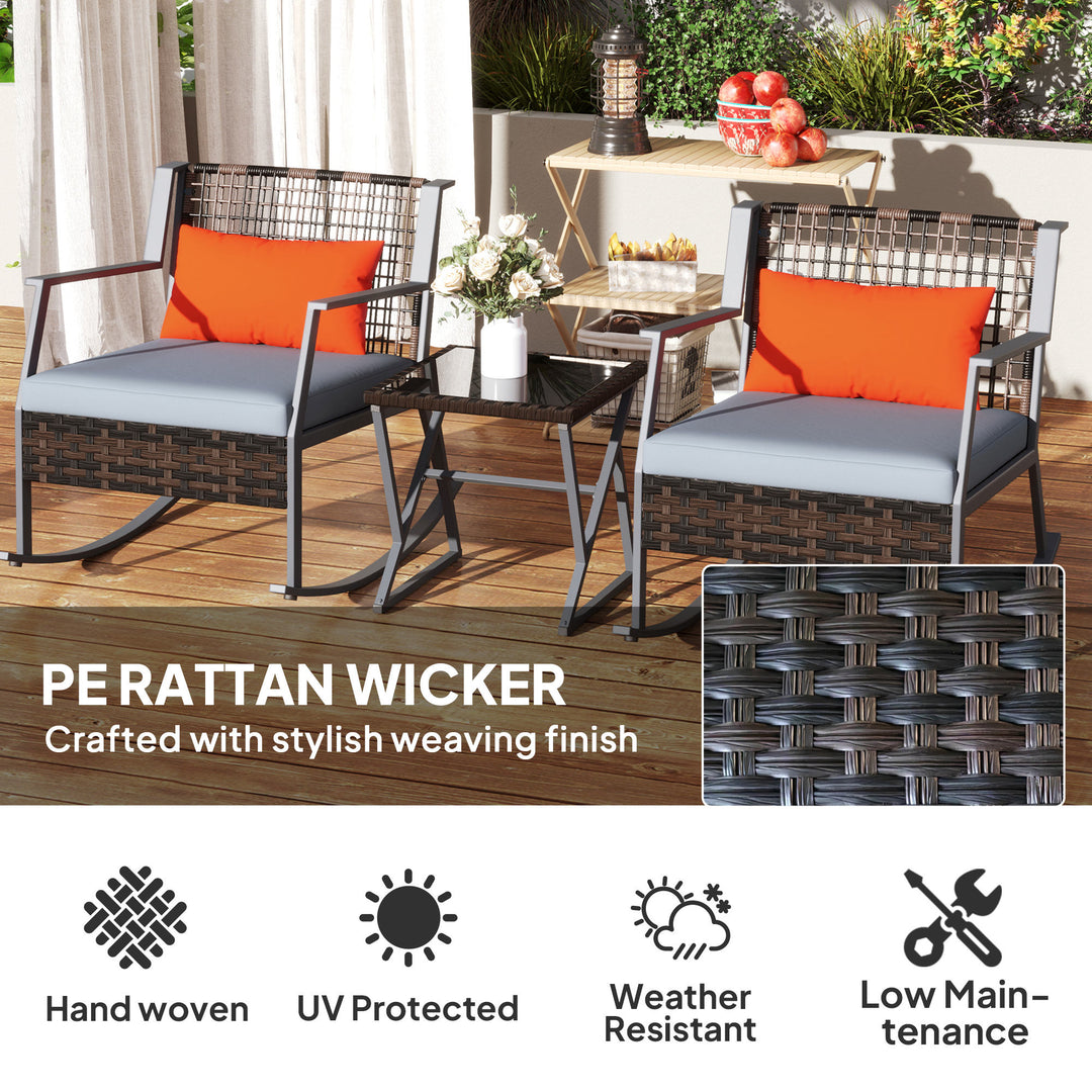 Outsunny 3 Pieces Rocking Bistro Set, Wicker Patio Furniture Set with Cushions and Glass Table for Porch, Balcony, Grey