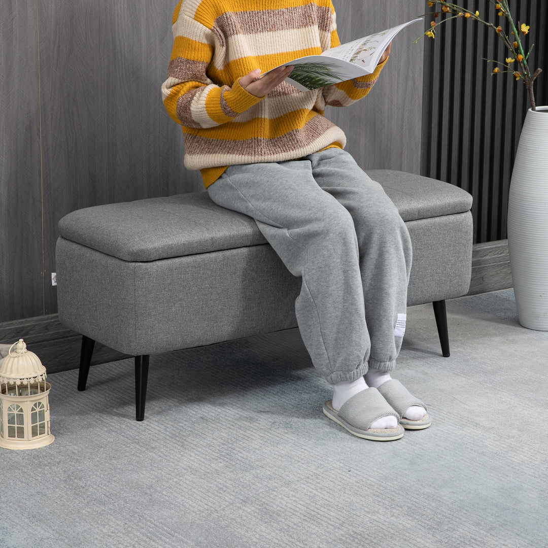 HOMCOM 40" Ottoman with Storage, Linen Upholstered Storage Ottoman Bench with Steel Legs for Living Room, Bedroom Grey